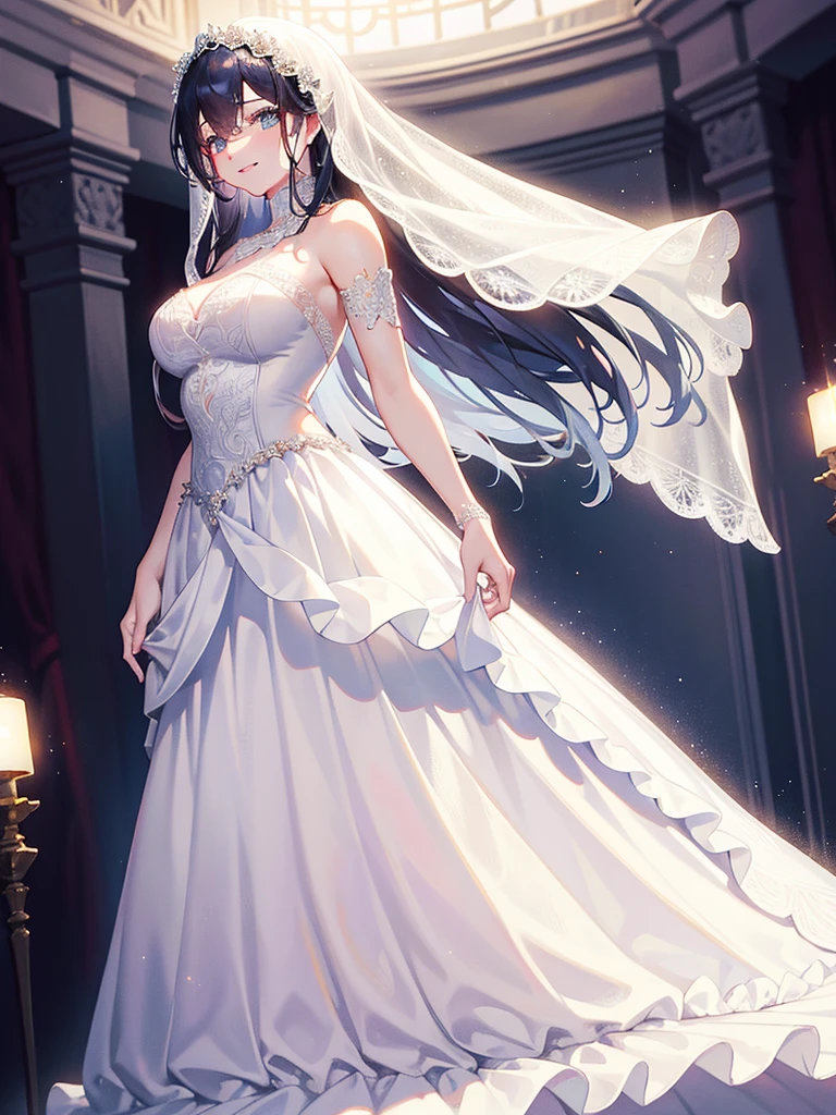 a beautiful young woman wearing a stunning white wedding dress, with intricate lace details, a full skirt, and a flowing veil, standing gracefully and holding a bouquet of flowers, smiling radiantly, in an elegant, romantic pose, with a soft, glowing lighting effect, highly detailed and photorealistic, cinematic lighting, stunning colors, 8k, best quality, masterpiece