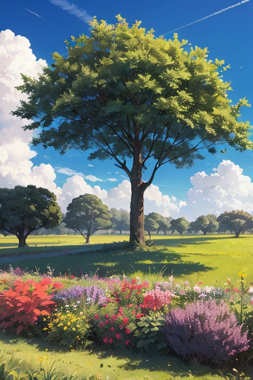 A green field with an ipê tree with purple leaves and the blue sky with clouds