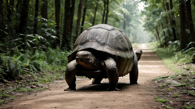 The tortoise taking his first steps on the path, moving slowly but steadily. In deep forest 