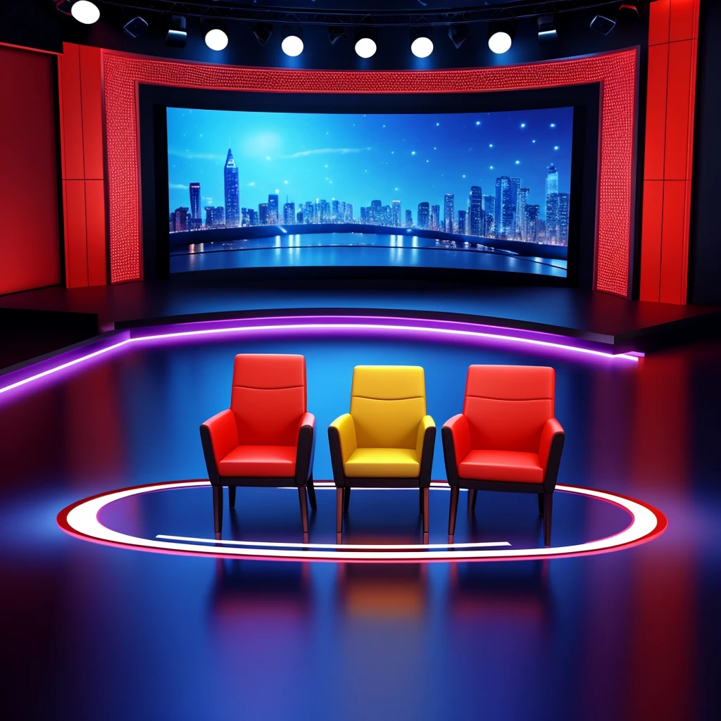 a talk show set high quality, 3d , really good illustration,
 make it look custom and special and new very cartoonish