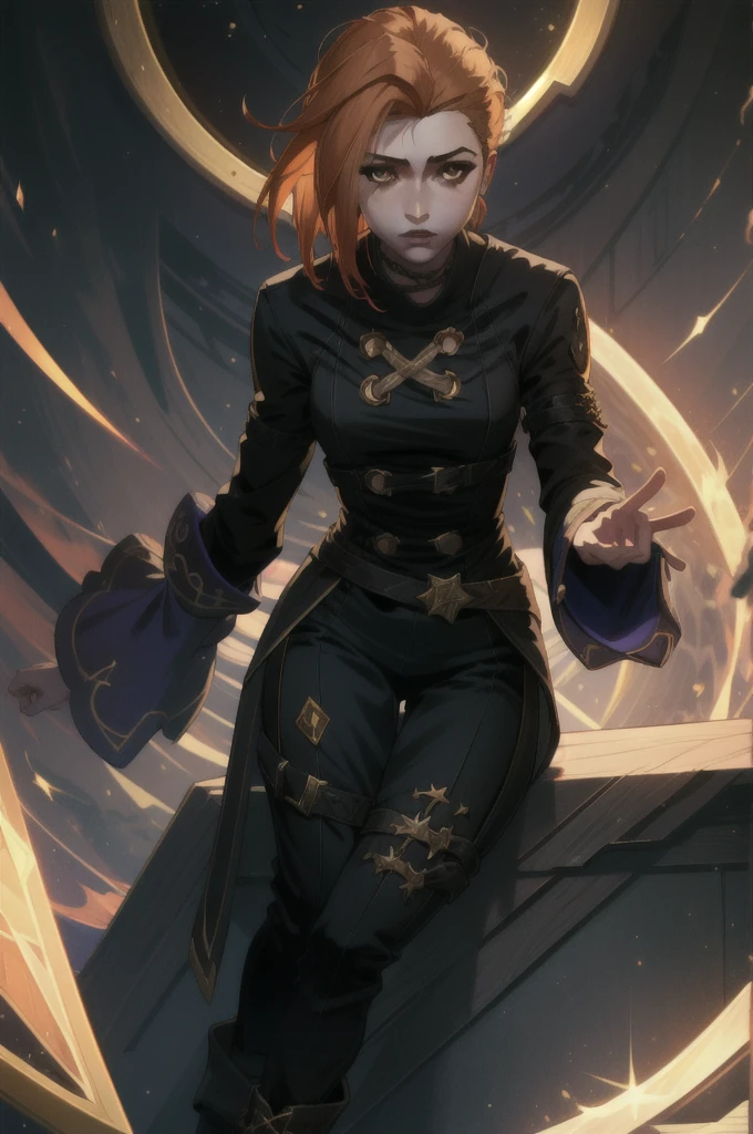 (masterpiece, best quality),  intricate details,
1girl,        ChopioArcaneJinx,

Estilo Arcane (league of Legends), a woman wearing black pants and gold details with high boots, a white shirt with long, wide sleeves and slightly wavy light pastel orange hair with brown eyes. sonríendo levemente.