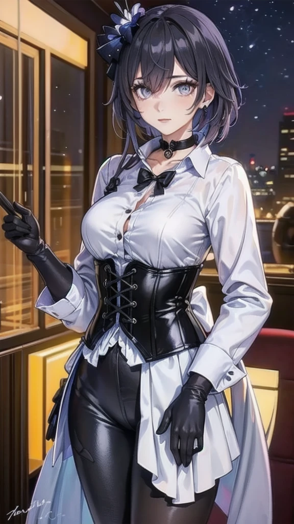 Masterpiece, Beautiful art, professional artist, 8k, Very detailed face, Detailed clothing, detailed fabric, 1 girl, Soul Fullness \(Honkai Impact 3rd\), front view, standing, perfectly drawn body, shy expression, pale skin, beautiful face, short dark blue hair, 4k eyes, very detailed eyes, pink cheeks, choker:1.6, (white long sleeve button down shirt with white collar), black gloves, gloves that cover hands, (black leather corset), (shiny black leggings), Sensual Lips , winter night, show details in the eyes, looking at the viewer, elegant room, at night