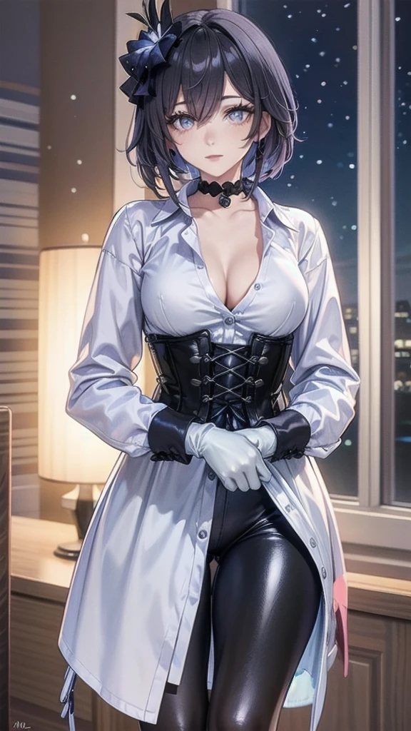 Masterpiece, Beautiful art, professional artist, 8k, Very detailed face, Detailed clothing, detailed fabric, 1 girl, Soul Fullness \(Honkai Impact 3rd\), front view, standing, perfectly drawn body, shy expression, pale skin, beautiful face, short dark blue hair, 4k eyes, very detailed eyes, pink cheeks, choker:1.6, (white long sleeve button down shirt with white collar), black gloves, gloves that cover hands, (black leather corset), (shiny black leggings), Sensual Lips , winter night, show details in the eyes, looking at the viewer, elegant room, at night