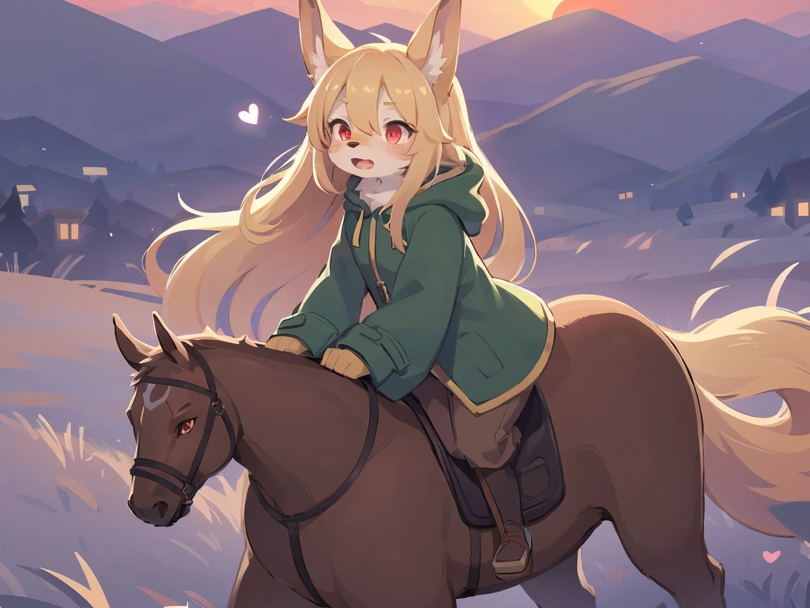 the fox, , was hairy, shaggy, skin fur, smooth lashes, golden fur, forelimb hands, straight long blonde hair, solid circle eyes, golden ears, golden fur, golden facial fur, shiny hair, red eyes, heart-shaped eyes, super cute face, 1fox tail, fluffy tail, furry tail, glowing eyes, green coat green hood down, brown trousers, riding horse, open mouth, pain face, embarrassed, ambient light, ultra-fine fur, dashed eyes, full body, masterpiece, high quality, high-details, best quality, (((solo))), twilight, sun light, red sky, rim light