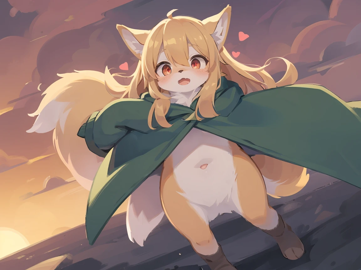 the fox, , was hairy, shaggy, skin fur, smooth lashes, golden fur, forelimb hands, straight long blonde hair, solid circle eyes, golden ears, golden fur, golden facial fur, shiny hair, red eyes, heart-shaped eyes, super cute face, 1fox tail, fluffy tail, furry tail, glowing eyes, green coat green hood down, brown trousers, riding horse, open mouth, pain face, embarrassed, ambient light, ultra-fine fur, dashed eyes, full body, masterpiece, high quality, high-details, best quality, (((solo))), twilight, sun light, red sky, rim light