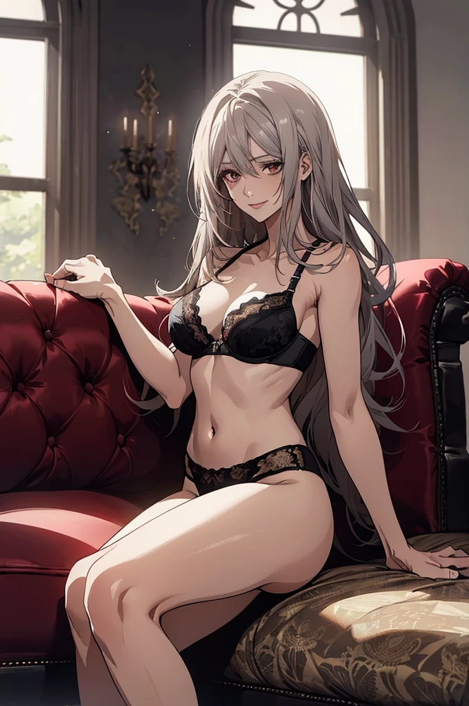 (Highest quality, High resolution, Very detailed), 1 female, Silver Hair, Long Hair, Reddish brown eyes, lace thong bra, Large Breasts, Beautiful slim legs, secretary, 24th generation, Beautiful woman, mature, quiet, Calm, A small smile, sofa,