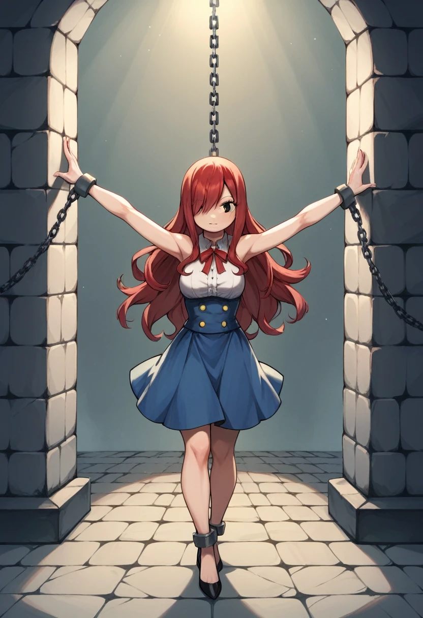 score_9, score_8_up, score_7_up, score_6_up, score_5_up, score_4_up, source_anime, 1girl, fairy tail, long hair, red hair, brown eyes, neck ribbon, bare shoulders, white shirt,black high heels, sleeveless, center frills, blue skirt, hair over one eye, w-w-chain, shackles, spread arms, dungeon, best quality, best res, 4K UHD,
 