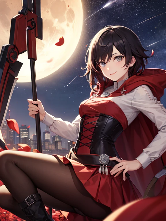 ((best quality)), ((highly detailed)), masterpiece, absurdres, detailed face, beautiful face, (detailed eyes, deep eyes), (1girl), dynamic angle, upper body, contrapposto, hand on hip, ruby_rose, grey eyes, black hair, red tips, smiling, cape, dress, red cape, crescent rose, boots, pantyhose, hood, petals, corset, scythe, holding scythe, (at an altar, evening, night sky, stars, lunar eclipse, shooting star)