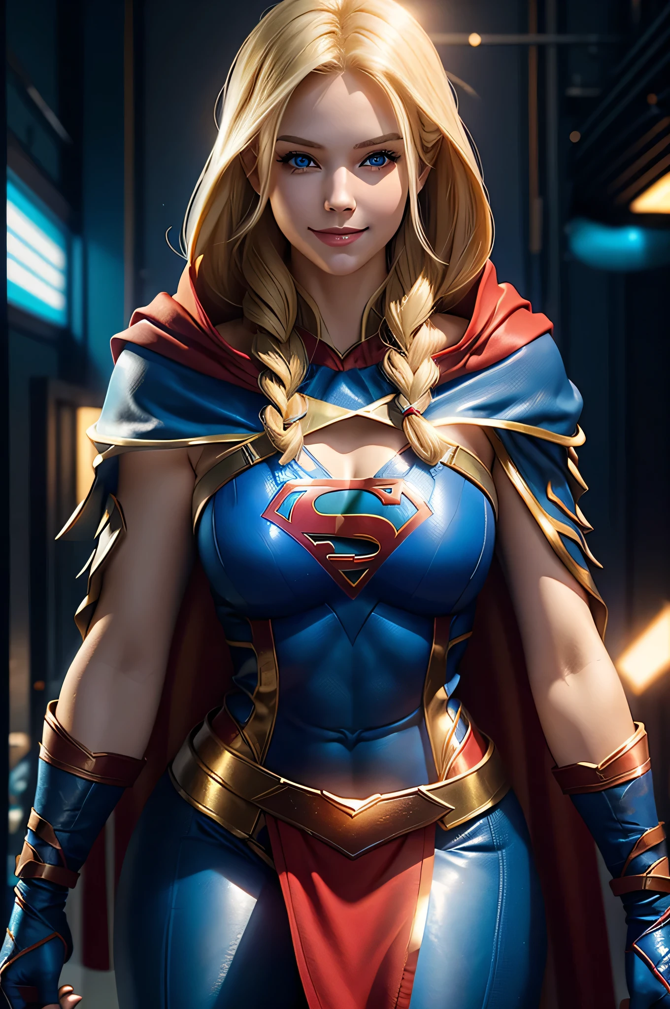 The character Supergirl, extremely beautiful face, extremely blond hair, beautiful anatomy, perfect blue and red costume, sneaky smile, perfect smooth curves, beautiful brilliant blue eyes 