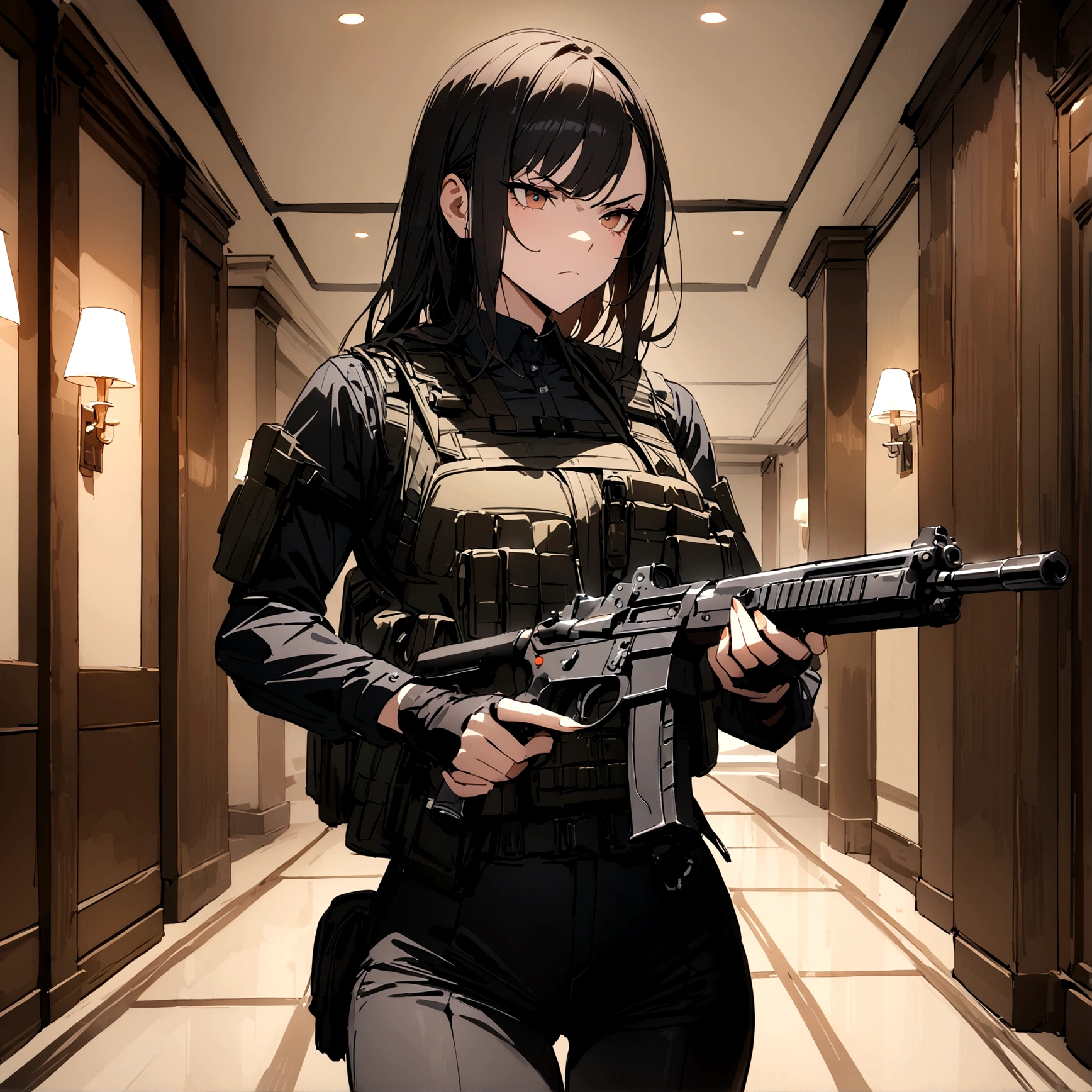 woman with a black outfit and tactical vest, serious face, 4k, assassin women, gun, (8k, best quality, masterpiece: 1.2), ultra-detailed, dynamic, hotel hall
