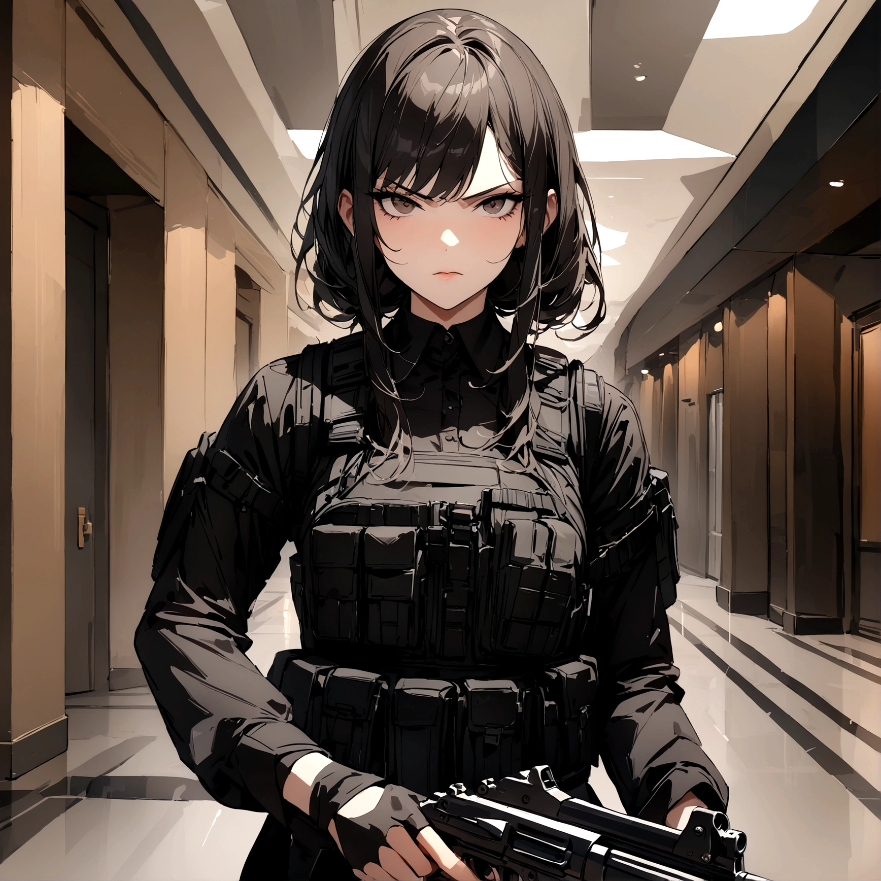 woman with a black outfit and tactical vest, serious face, 4k, assassin women, gun, (8k, best quality, masterpiece: 1.2), ultra-detailed, dynamic, hotel hall