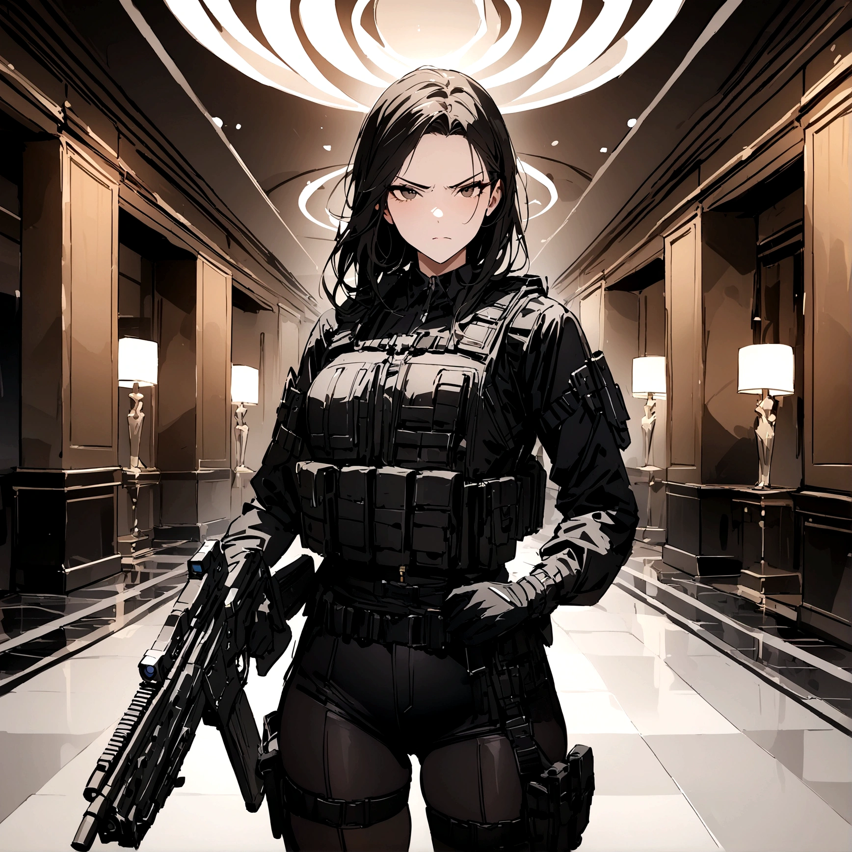 woman with a black outfit and tactical vest, serious face, 4k, assassin women, gun, (8k, best quality, masterpiece: 1.2), ultra-detailed, dynamic, hotel hall