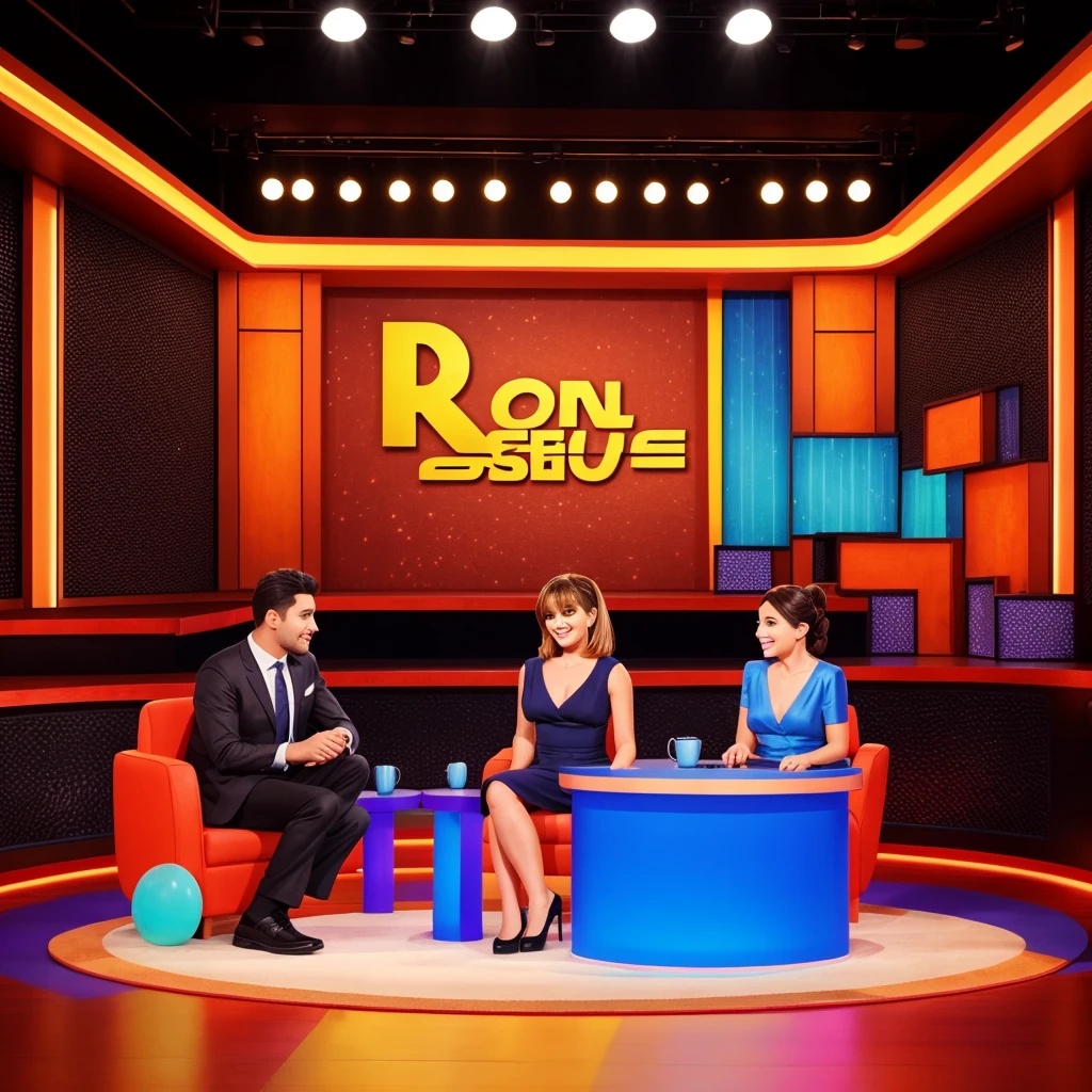 a talk show set high quality, really good illustration,
 make it look custom and special and new very cartoonish