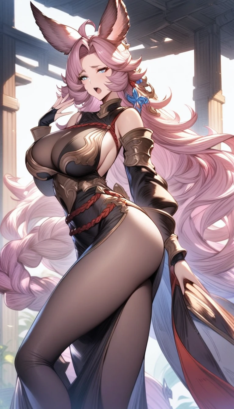 masterpiece, best quality, very aesthetic, absurdres, 1girl, mature_lady, ,1girl, tien \(granblue fantasy\), granblue fantasy, erune, long hair, animal ears, braid, pink hair, breasts, blue eyes, very long hair, ahoge, hair ornament,yawning,Steel Frame Construction,floating_clothes