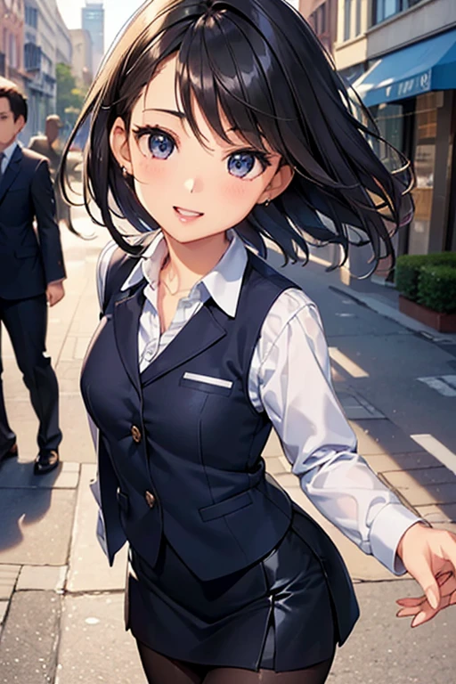 #Basics A girl is posing for a photo, animeのかわいい女の子, (((One Girl, , Young girs old))),
Bhing Accessories
(White Collar Dress Shirt) + (Navy blue suit jacket:1.4) + (navy suit vest:1.4) + (Navy shiny pencil mini skirt:1.4) + (Black Pantyhose:1.4) + (Black high heels),
red gem earrings, Silver Necklace,
BREAK
#Features
(Black Hair), (Bangs that expose the forehead, Beautiful forehead), (Pixie Cut Hair : very short back hair + Hair that bounces out),
(Droopy eyes, blue eyes), (Small breasts),
BREAK
#background environment
(noon、(Sunlit sidewalk in an office district, People coming and going))
#Facial Expression Pose
((Big happy smile + Mouth wide open:1.4 + Teeth are visible), (Confident and powerful pose, A commanding presence)),
#composition
((Face the camera, Angle from the front, Cowboy Shot)),
BREAK
#Body parts elements
(Detailed hair, Beautiful Hair, Shiny Hair),
(double eyelid, Long eyelashes),
(Expression of fine eyes, Beautiful and delicate eyes, Sparkling eyes, Eye Reflexes, Glitter Eyeliner),
(Human Ear),
(Beautiful Nose, Thin Nose),
(Glossy lips, Beautiful Lips, Thick lips, Glossy Lips, Natural Cheeks),
(Detailed face, Symmetrical facial features),
(Detailed skin, Textured skin, Beautiful Skin, Shiny skin),
BREAK
#Quality
(((Highest quality)), ((masterpiece)), ((Very detailed))), ((High resolution), (16K,1080P)),
(Realistic), (Anatomically correct),
((comics, anime)), (3DCG), CG illustration,
