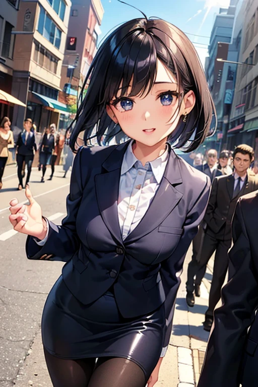 #Basics A girl is posing for a photo, animeのかわいい女の子, (((One Girl, Baby Face, Young girl, 16 years old))),
BREAK
#Clothing Accessories
(White Collar Dress Shirt) + (Navy blue suit jacket:1.4) + (navy suit vest:1.4) + (Navy shiny pencil mini skirt:1.4) + (Black Pantyhose:1.4) + (Black high heels),
red gem earrings, Silver Necklace,
BREAK
#Features
(Black Hair), (Bangs that expose the forehead, Beautiful forehead), (Pixie Cut Hair : very short back hair + Hair that bounces out),
(Droopy eyes, blue eyes), (Small breasts),
BREAK
#background environment
(noon、(Sunlit sidewalk in an office district, People coming and going))
#Facial Expression Pose
((Big happy smile + Mouth wide open:1.4 + Teeth are visible), (Confident and powerful pose, A commanding presence)),
#composition
((Face the camera, Angle from the front, Cowboy Shot)),
BREAK
#Body parts elements
(Detailed hair, Beautiful Hair, Shiny Hair),
(double eyelid, Long eyelashes),
(Expression of fine eyes, Beautiful and delicate eyes, Sparkling eyes, Eye Reflexes, Glitter Eyeliner),
(Human Ear),
(Beautiful Nose, Thin Nose),
(Glossy lips, Beautiful Lips, Thick lips, Glossy Lips, Natural Cheeks),
(Detailed face, Symmetrical facial features),
(Detailed skin, Textured skin, Beautiful Skin, Shiny skin),
BREAK
#Quality
(((Highest quality)), ((masterpiece)), ((Very detailed))), ((High resolution), (16K,1080P)),
(Realistic), (Anatomically correct),
((comics, anime)), (3DCG), CG illustration,