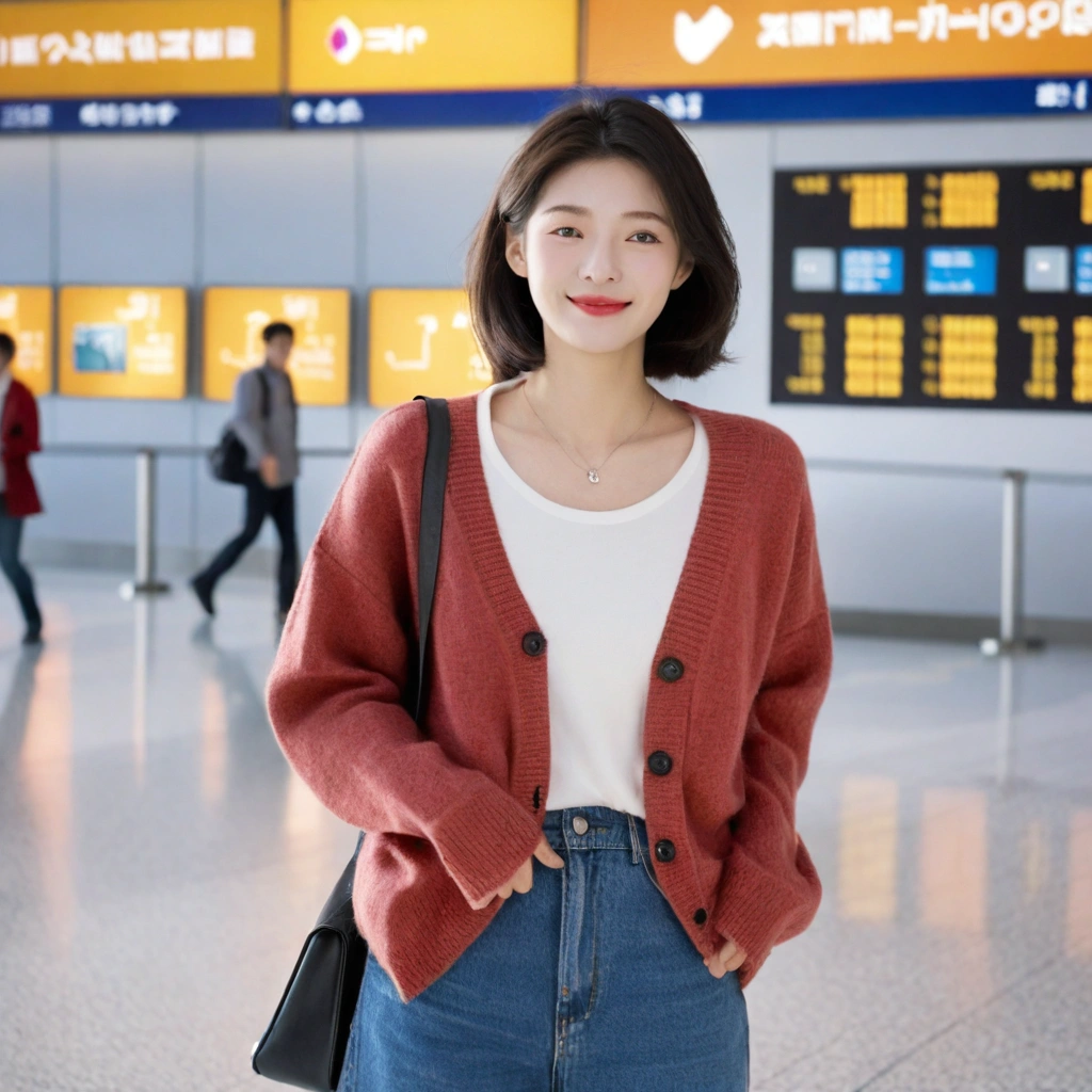 beautiful korean girl , 32 inch chest size, Your eyes are big and pretty. Short in stature. Standing in the departure hall of the airport. . short medium hair, Standing in the departure hall of Incheon Airport. He wore a white T-shirt, a luxury brand cardigan, jeans, a short stature, and a cardigan neatly.. laugh, short medium hair, short height, uhd