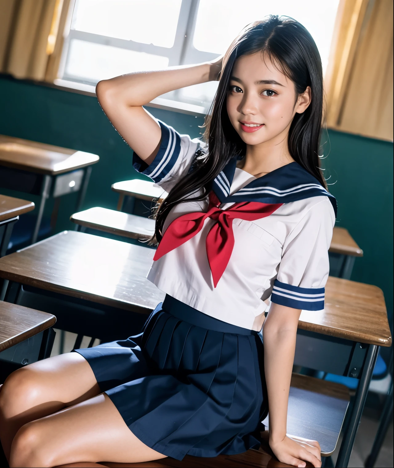 Raw photo , 1 girl  ,Wearing sailor uniform ((teen school girl lifting skirt in the classroom)) , professional photographer, (hdr:1.4), masterpiece, ultra-realistic 8k, perfect artwork, intrincate details, cute face, award winning photograph, (Best quality, 8k, 32k, Masterpiece, UHD:1.3) ,