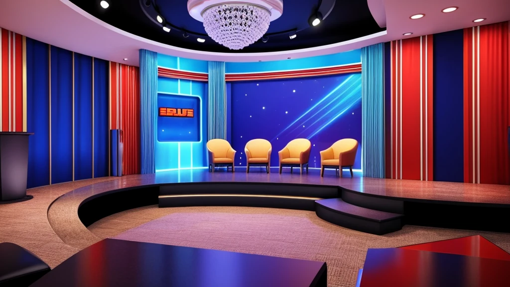a talk show set high quality, 3d , really good illustration,
 make it look custom and special and new very cartoonish MAKE THE SET EMPTY