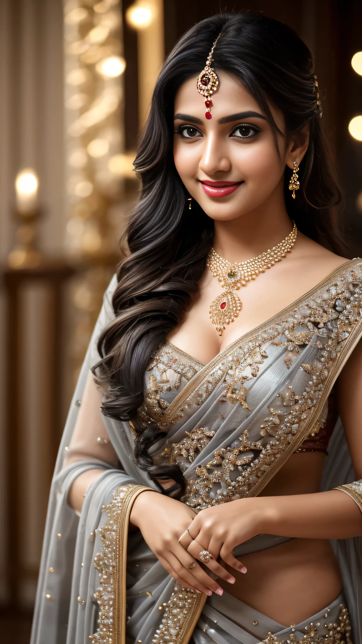 Best quality, masterpiece, high_res, Pakistani girl, hair decoration, necklace, jewelry, beautiful detailed face, gray eyes, red full lips, big smile, face makeup, black hair,
Long Hair, International Fashion, High Wear, Full Body Cover, Tight Dress, Full Body Detailed, Europe Effect, Multiplicity, Realistic Photos, Edge Lighting, Two-Tone Lighting, (High Detail Skin: 1.2), 8K UHD, DSLR, Soft Lighting, High Quality, Volumetric Lighting, Candid, Photography, High Resolution, 4K, 8K, Bokeh, Ridiculous, biggest breasts, wide waist, wearing hot saree very very healthy, very fatty girl,