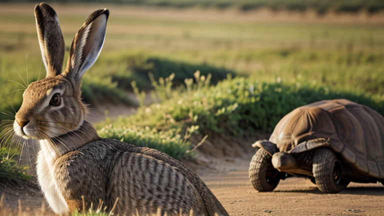The hare looking back over his shoulder with a confident smirk, seeing the tortoise far behind.