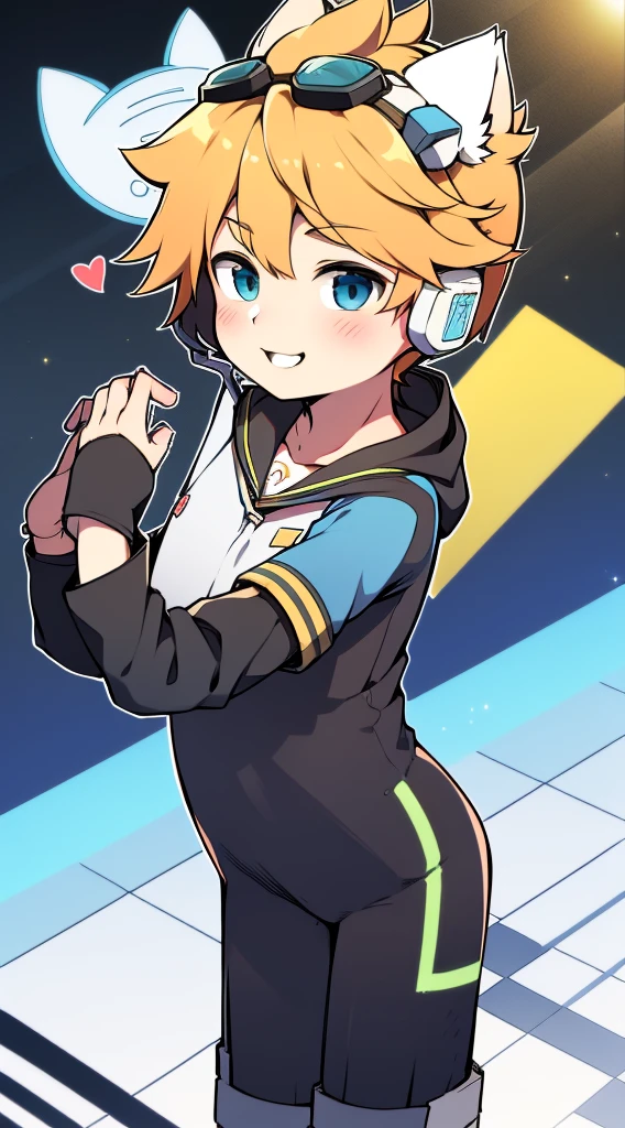 2D Boy Shota,One-piece mountaineering suit,Slim, healthy body,Put the headphones on your head,stand up,goggles,Cat ear,happy,Sailor collar,Lovely,Love,Short sleeve