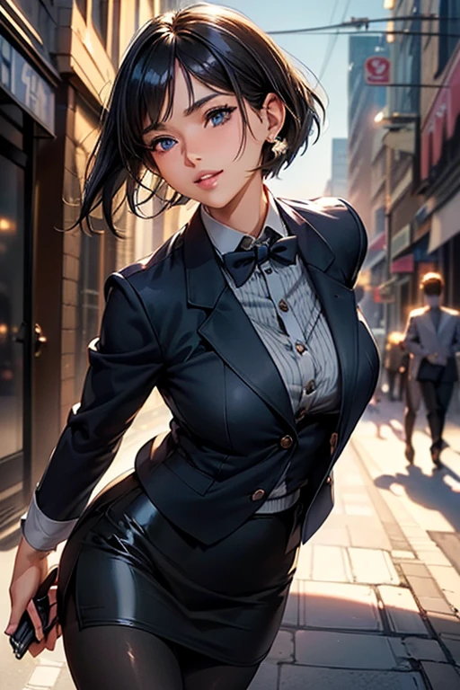 #Basics A girl is posing for a photo, animeのかわいい女の子, (((One Girl, Baby Face, Young girl, 16 years old))),
BREAK
#Clothing Accessories
(White Collar Dress Shirt) + (Navy blue suit jacket:1.4) + (navy suit vest:1.4) + (Navy shiny pencil mini skirt:1.4) + (Black Pantyhose:1.4) + (Black high heels),
red gem earrings, Silver Necklace,
BREAK
#Features
(Black Hair), (Bangs that expose the forehead, Beautiful forehead), (Pixie Cut Hair : very short back hair + Hair that bounces out),
(Droopy eyes, blue eyes), (Small breasts),
BREAK
#background environment
(noon、(Sunlit sidewalk in an office district, People coming and going))
#Facial Expression Pose
((Big happy smile + Mouth wide open:1.4 + Teeth are visible), (Confident and powerful pose, A commanding presence)),
#composition
((Face the camera, Angle from the front, Cowboy Shot)),
BREAK
#Body parts elements
(Detailed hair, Beautiful Hair, Shiny Hair),
(double eyelid, Long eyelashes),
(Expression of fine eyes, Beautiful and delicate eyes, Sparkling eyes, Eye Reflexes, Glitter Eyeliner),
(Human Ear),
(Beautiful Nose, Thin Nose),
(Glossy lips, Beautiful Lips, Thick lips, Glossy Lips, Natural Cheeks),
(Detailed face, Symmetrical facial features),
(Detailed skin, Textured skin, Beautiful Skin, Shiny skin),
BREAK
#Quality
(((Highest quality)), ((masterpiece)), ((Very detailed))), ((High resolution), (16K,1080P)),
(Realistic), (Anatomically correct),
((comics, anime)), (3DCG), CG illustration,