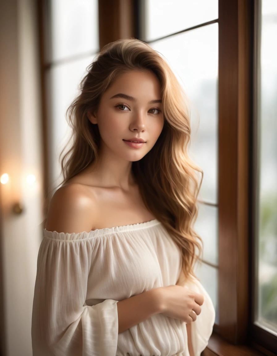 A young woman with long, flowing light brown hair poses gracefully. She has a natural, fresh-faced look with minimal makeup, highlighting her delicate features. She is wearing an off-shoulder white top, which complements her serene and elegant demeanor. The softly lit indoor background, featuring large windows and warm ambient lights, adds to the cozy and sophisticated atmosphere of the scene.