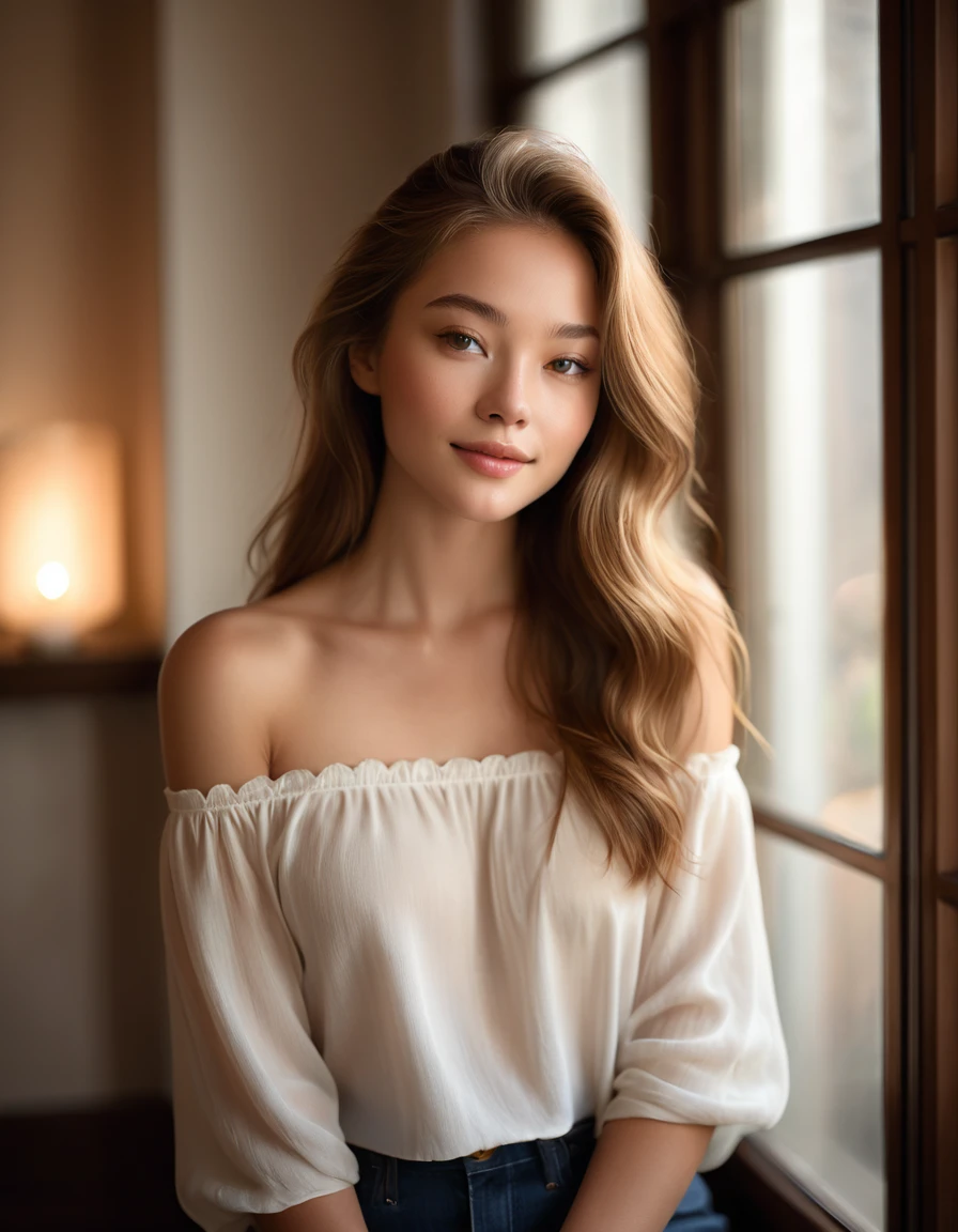 A young woman with long, flowing light brown hair poses gracefully. She has a natural, fresh-faced look with minimal makeup, highlighting her delicate features. She is wearing an off-shoulder white top, which complements her serene and elegant demeanor. The softly lit indoor background, featuring large windows and warm ambient lights, adds to the cozy and sophisticated atmosphere of the scene.