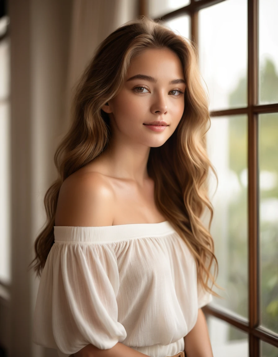 A young woman with long, flowing light brown hair poses gracefully. She has a natural, fresh-faced look with minimal makeup, highlighting her delicate features. She is wearing an off-shoulder white top, which complements her serene and elegant demeanor. The softly lit indoor background, featuring large windows and warm ambient lights, adds to the cozy and sophisticated atmosphere of the scene.