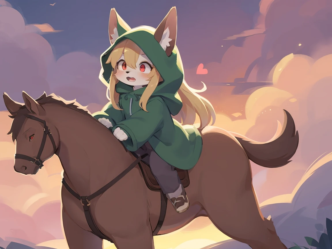 the fox, , was hairy, shaggy, skin fur, smooth lashes, golden fur, forelimb hands, straight long blonde hair, solid circle eyes, golden ears, golden fur, golden facial fur, shiny hair, red eyes, heart-shaped eyes, super cute face, 1fox tail, fluffy tail, furry tail, glowing eyes, green coat green hood down, brown trousers, riding wooden horse, open mouth, pain face, embarrassed, ambient light, ultra-fine fur, dashed eyes, full body, masterpiece, high quality, high-details, best quality, (((solo))), twilight, sun light, red sky, rim light