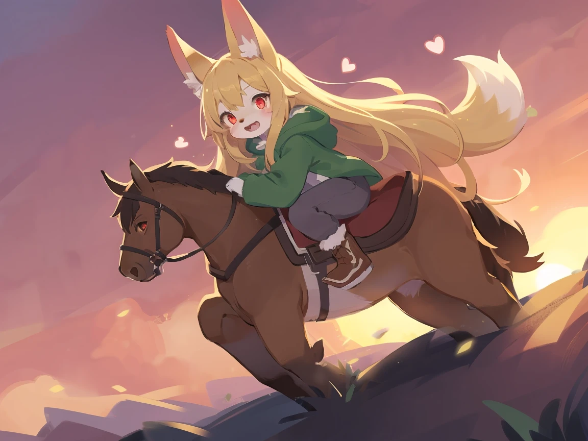 the fox, , was hairy, shaggy, skin fur, smooth lashes, golden fur, forelimb hands, straight long blonde hair, solid circle eyes, golden ears, golden fur, golden facial fur, shiny hair, red eyes, heart-shaped eyes, super cute face, 1fox tail, fluffy tail, furry tail, glowing eyes, green coat green hood down, brown trousers, riding wooden horse, open mouth, pain face, embarrassed, ambient light, ultra-fine fur, dashed eyes, full body, masterpiece, high quality, high-details, best quality, (((solo))), twilight, sun light, red sky, rim light