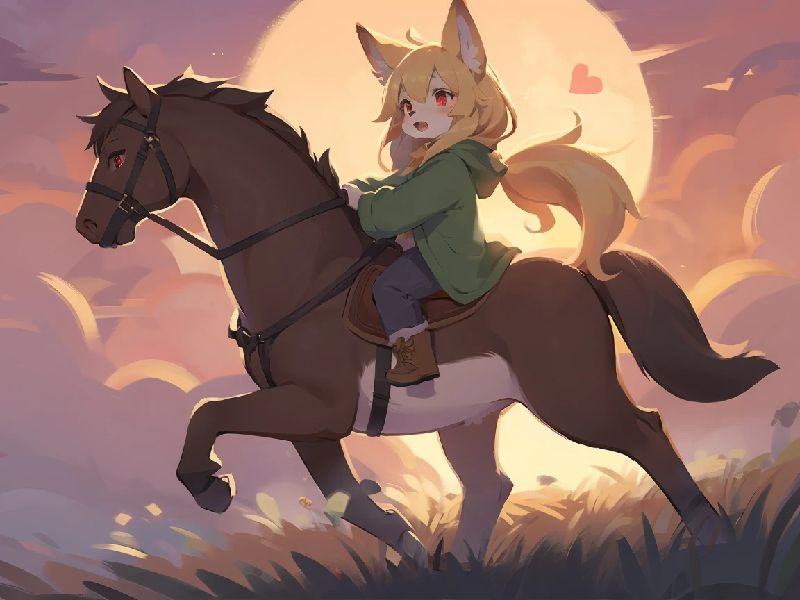 the fox, , was hairy, shaggy, skin fur, smooth lashes, golden fur, forelimb hands, straight long blonde hair, solid circle eyes, golden ears, golden fur, golden facial fur, shiny hair, red eyes, heart-shaped eyes, super cute face, 1fox tail, fluffy tail, furry tail, glowing eyes, green coat green hood down, brown trousers, riding wooden horse, open mouth, pain face, embarrassed, ambient light, ultra-fine fur, dashed eyes, full body, masterpiece, high quality, high-details, best quality, (((solo))), twilight, sun light, red sky, rim light