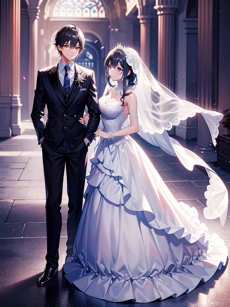 Wedding dress,bride,,Dress nicely,Shiny clothes,Lace on clothes,Clothes lace,Big Skirt,Lace,Standing posture,Facing forward,Smile,Gauze,Full Body Love,shawl,Color chrome,