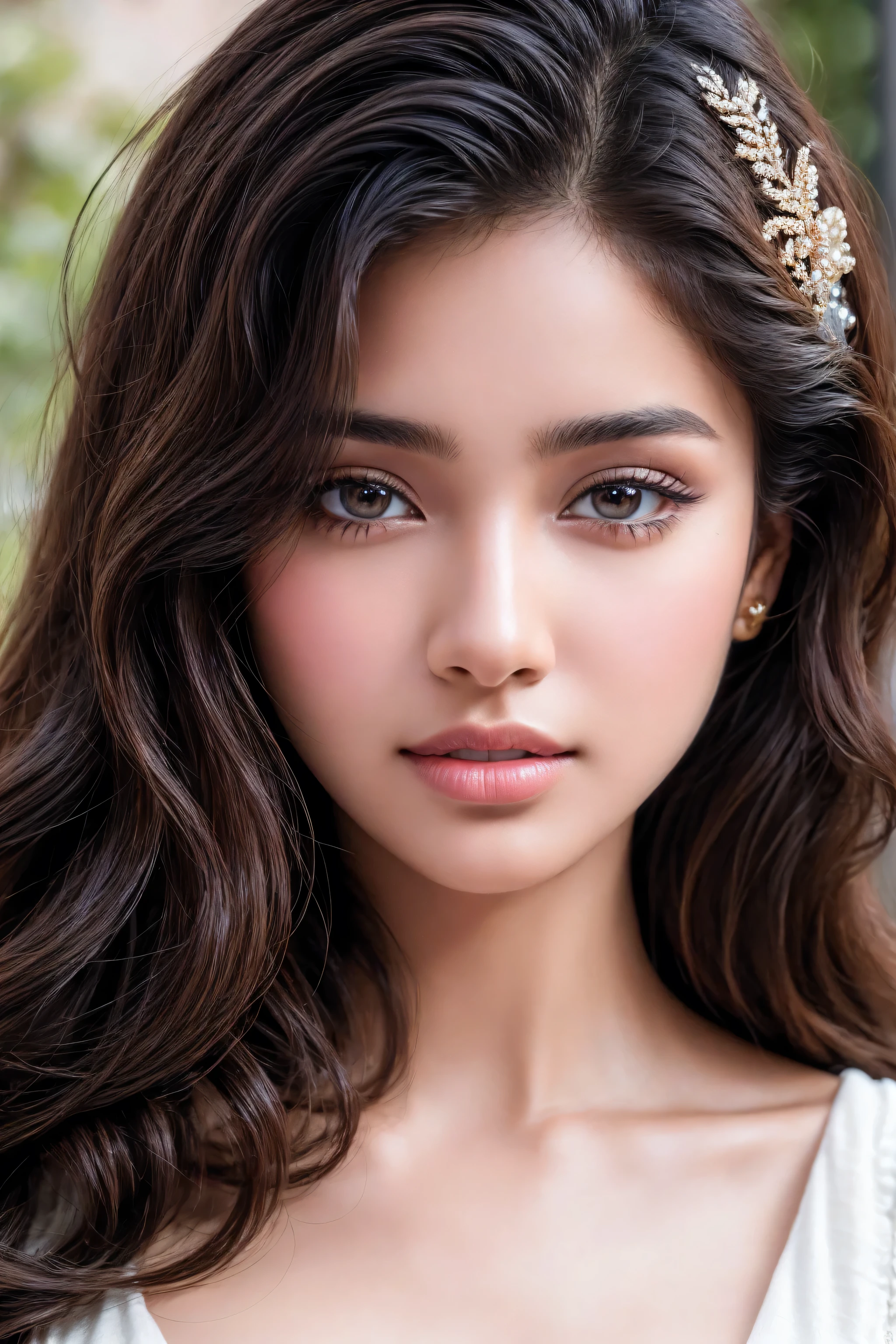 A breathtakingly beautiful 18-year-old girl named Anikha, who is the epitome of elegance and charm. She stands out as the central focus of this ultra-detailed, 8K resolution masterpiece with a perfect score of 9 and a UHD rating of 1.3. Her delicate facial features are captured with a stunning realism that's amplified by a majestic score of 1.5, making her appear as if she's stepped out of a high-definition dream. Her skin glows with a soft blush, perfectly accentuating her detailed, natural beauty. (the most absurd quality perfect eyes), (super beautiful cute sharp-face), (light pale complexion), (clear no blur and sharp perfect round realistic brown_eyes:1.35), finely detailed pupils, detailed lips:1.3, reflecting the cinematic lighting that surrounds her. They are so realistic and sharp that they seem to hold secrets of the universe within them. Her long shining hair are adorned with a hair ornament that adds an extra touch of elegance to her already flawless look. The background, a canvas of blurred perfection with a score of 1.7 for background blur, showcases an intricate design that complements the overall aesthetic without overwhelming the main subject.
