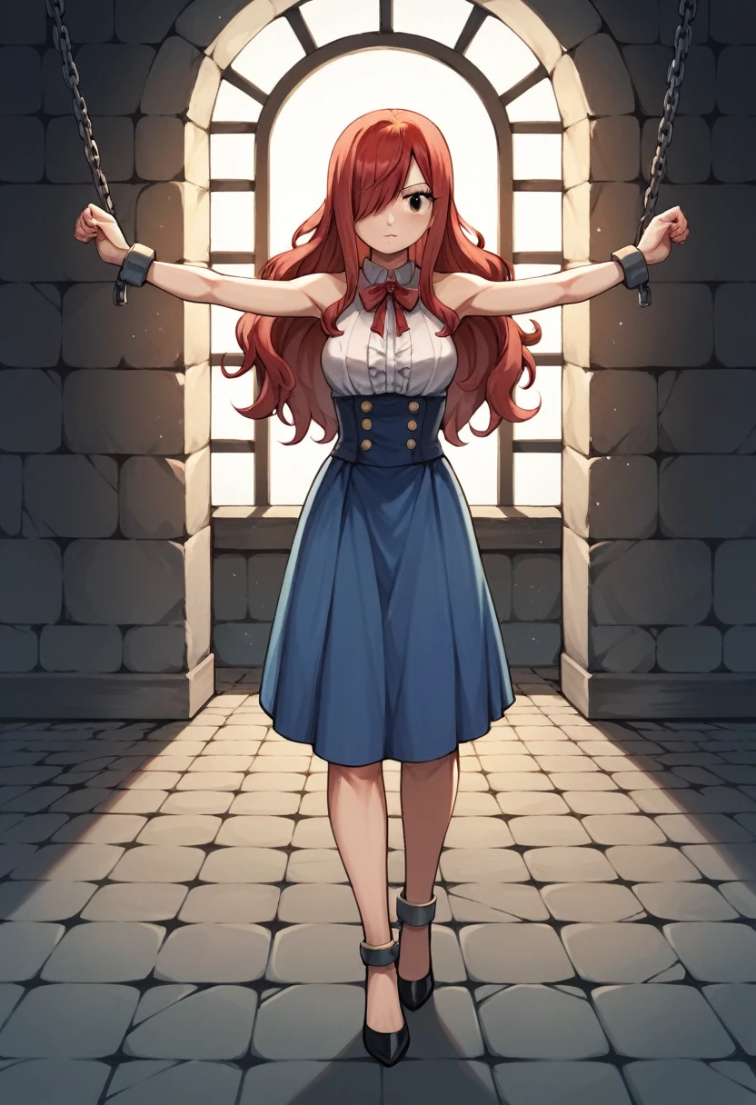 score_9, score_8_up, score_7_up, score_6_up, score_5_up, score_4_up, source_anime, 1woman, fairy tail, long hair, red hair, brown eyes, neck ribbon, bare shoulders, white shirt,black high heels, sleeveless, center frills, blue skirt, hair over one eye, w-w-chain, shackles, spread arms, dungeon, best quality, best res, 4K UHD,