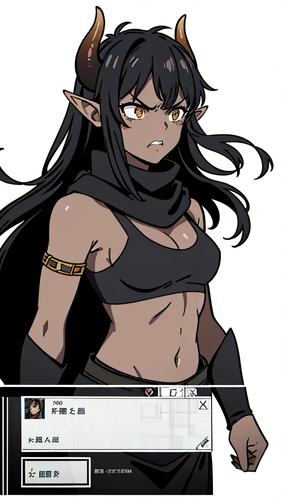 (1girl ,25s,adult,mature female),long hair, black hair,horns,elf ears,((black scarf)),cleavage,(((dark skin))),(black sports bra, midriff),(white background, line drawing),black sleeves,black shoulders, upper body,looking at view,((angry)),closed muth,((from front,pov))