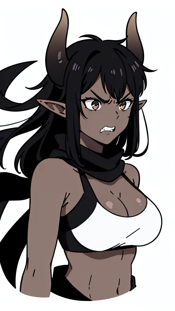 (1girl ,25s,adult,mature female),long hair, black hair,horns,elf ears,((black scarf)),cleavage,(((dark skin))),(black sports bra, midriff),(white background, line drawing),black sleeves,black shoulders, upper body,looking at view,((angry)),closed muth,((from front,pov))