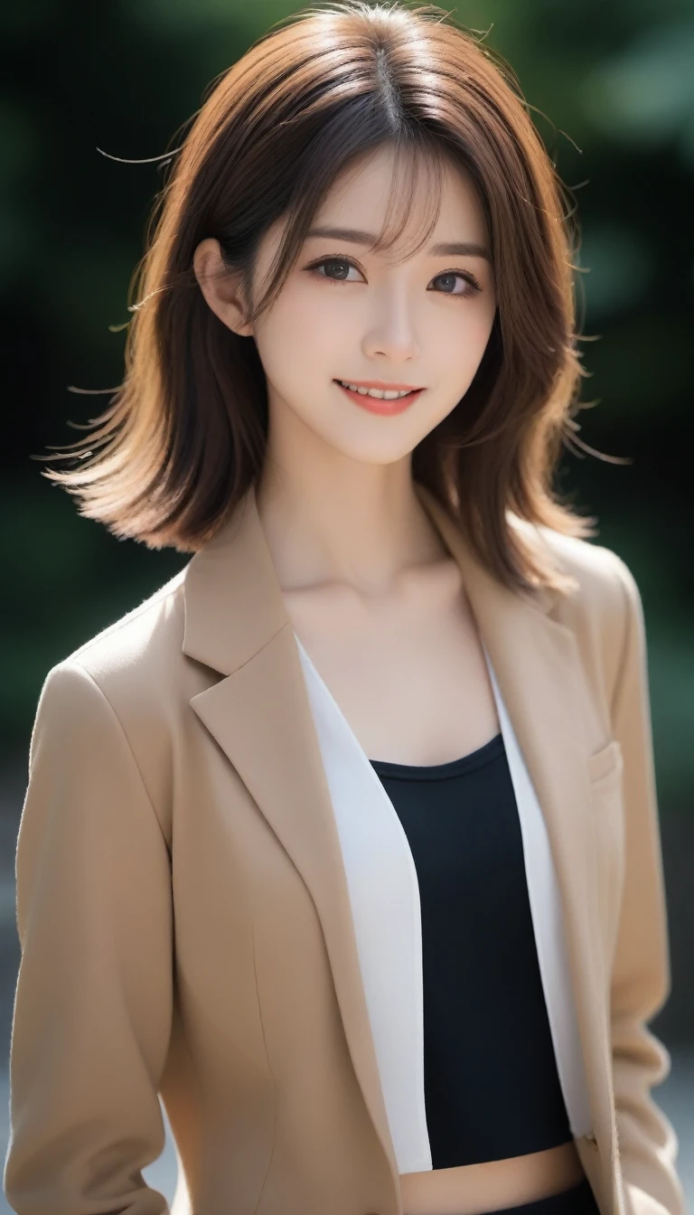 8K, Ultra-high resolution, Highest quality, masterpiece, 三分割法によるphotograph,Surreal, photograph, 1 Girl, (:1.3), pretty girl, Cute face, Beautiful eyes in every detail, 細かくdetailedに,masterpiece,One Girl:1.2, Japan Female Announcer,Tabletop、light brown disheveled hair,Wearing a blazer uniform、Sharp focus、Perfect dynamic composition、Beautiful and detailed、Thin Hair、Detailed real skin texture、smile、Close-up portrait、Model Body Type,Looking at the audience、beauty,Long neck、(((Ideal body type))),A cup small breasts :2,、Portraiture:2、Perfect Anatomy、なdetailed、detailed、Surreal、Light and shadow,Strong light