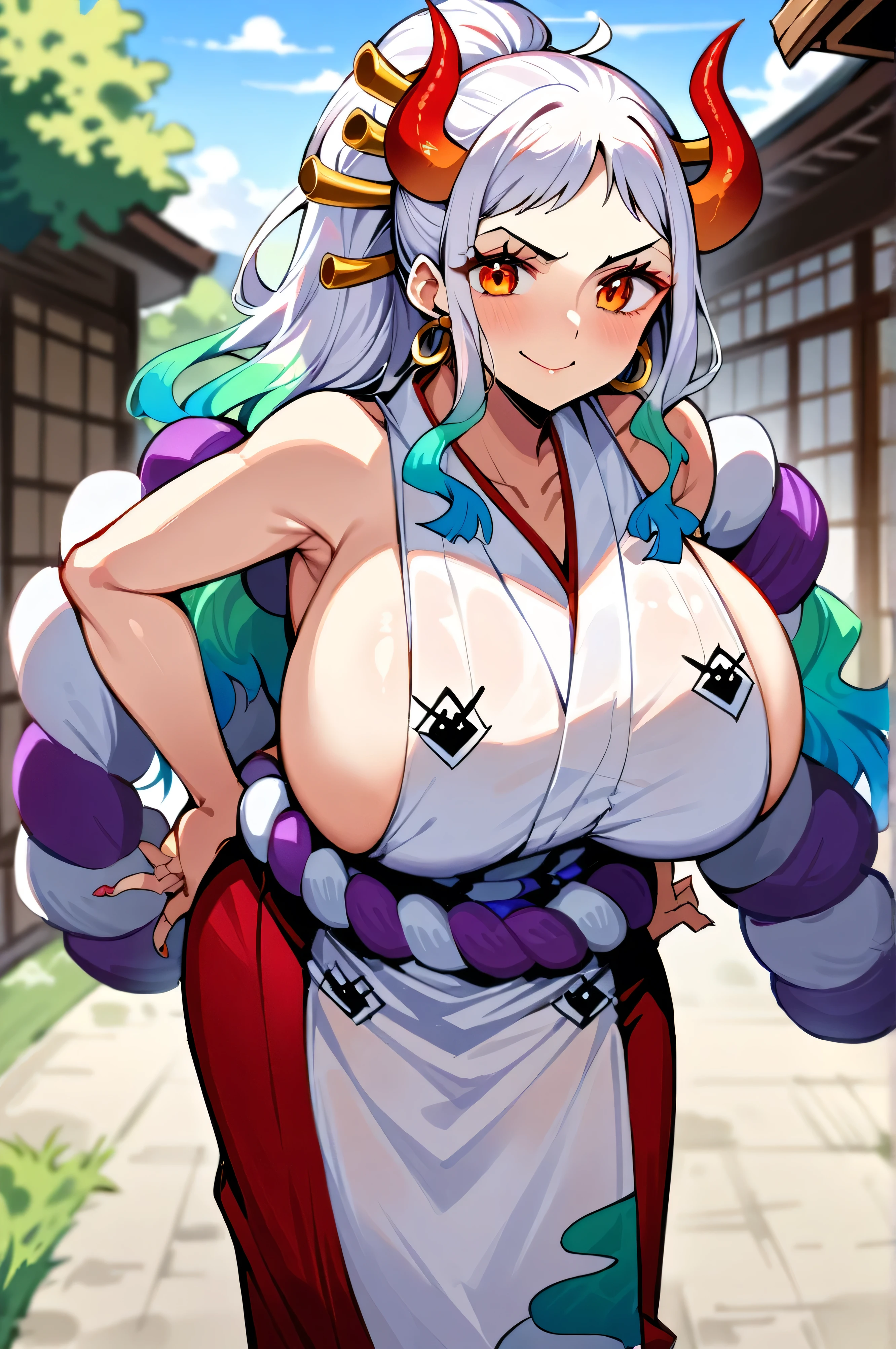 yamato \(one piece\), 1girl, solo, japanese clothes, multicolored hair, jewelry, earrings, sleeveless kimono, hair ornament, kimono, curled horns, long hair, oni, upper body, smile, rope, breasts, hair stick, sleeveless, shimenawa, white background, closed mouth, hoop earrings, bare shoulders, ponytail, (masterpiece, best quality), luxury house, scenery, ((front view)), detailed, very high resolution, no blurry image, full body, orange eyes, sligh wavy hair, ((huge breasts))
