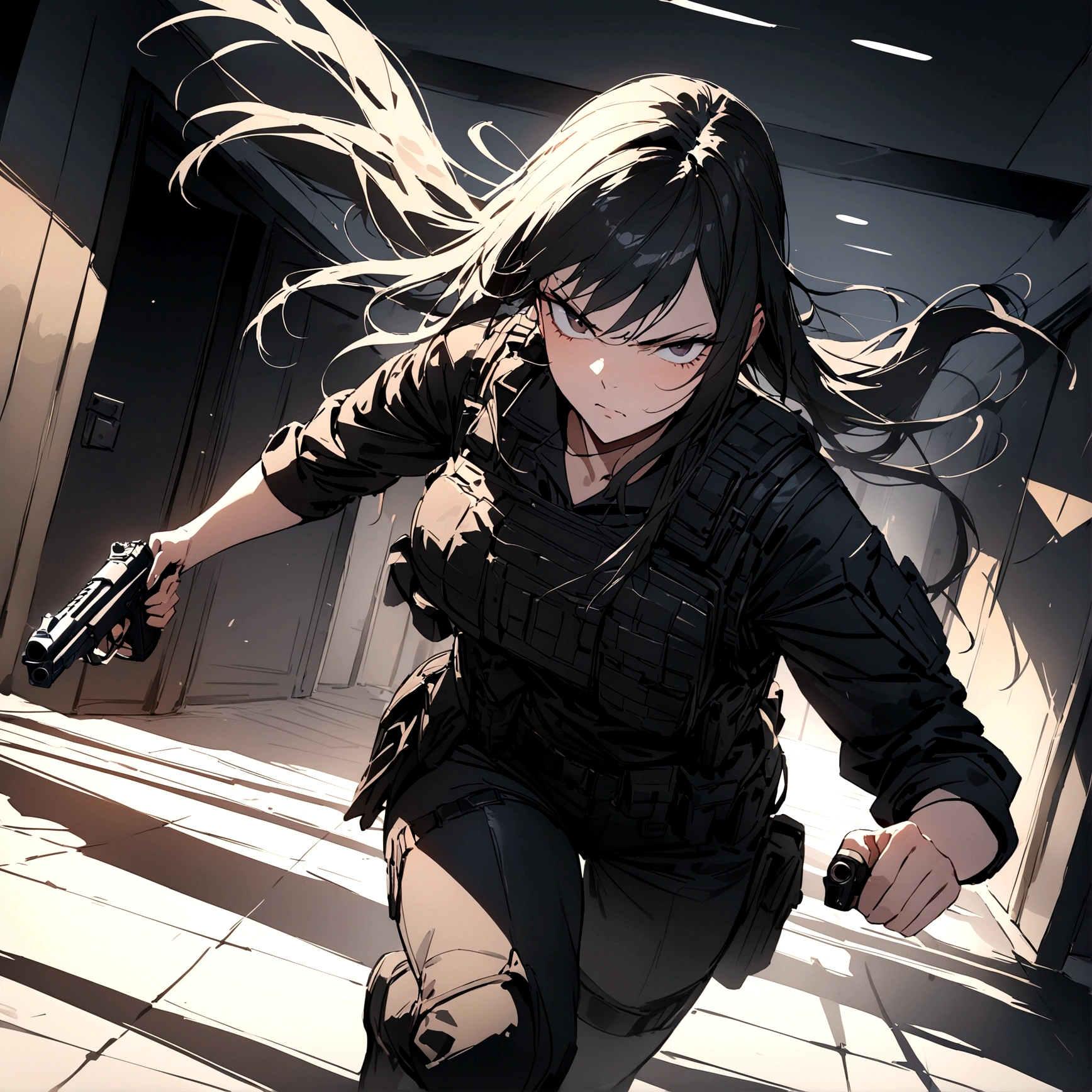 woman with a black outfit and tactical vest, serious face, 4k, assassin women, gun, (8k, best quality, masterpiece: 1.2), ultra-detailed, dynamic, hotel hall, action
