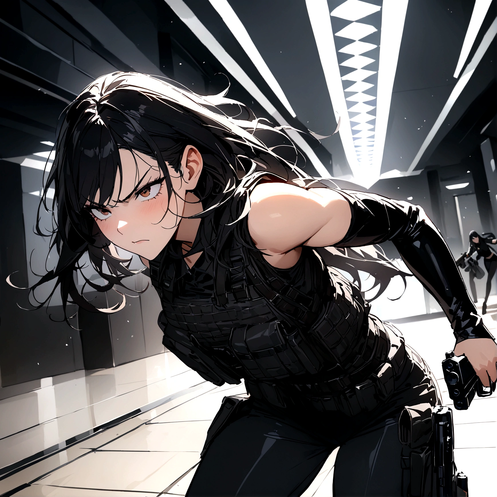 woman with a black outfit and tactical vest, serious face, 4k, assassin women, gun, (8k, best quality, masterpiece: 1.2), ultra-detailed, dynamic, hotel hall, action