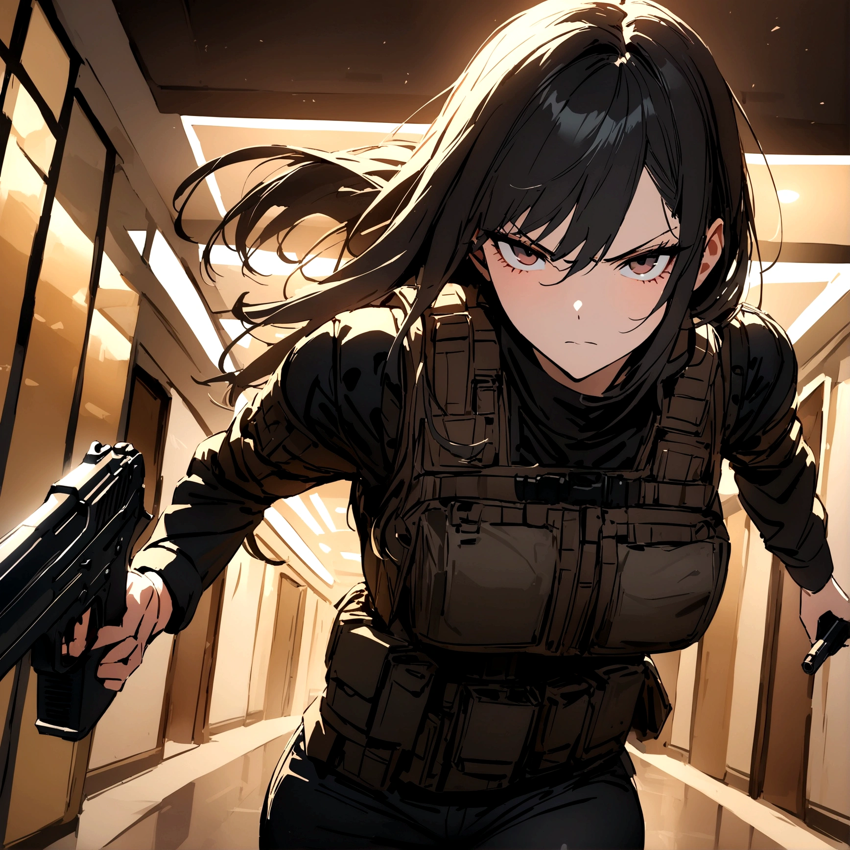 woman with a black outfit and tactical vest, serious face, 4k, assassin women, gun, (8k, best quality, masterpiece: 1.2), ultra-detailed, dynamic, hotel hall, action