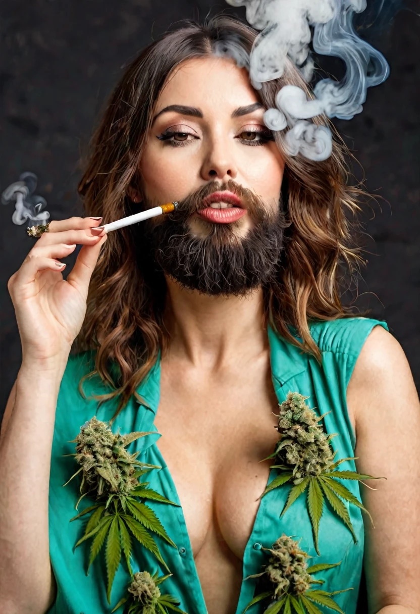 bearded woman, hirsute hairy body, smokes cannabis and is stoned