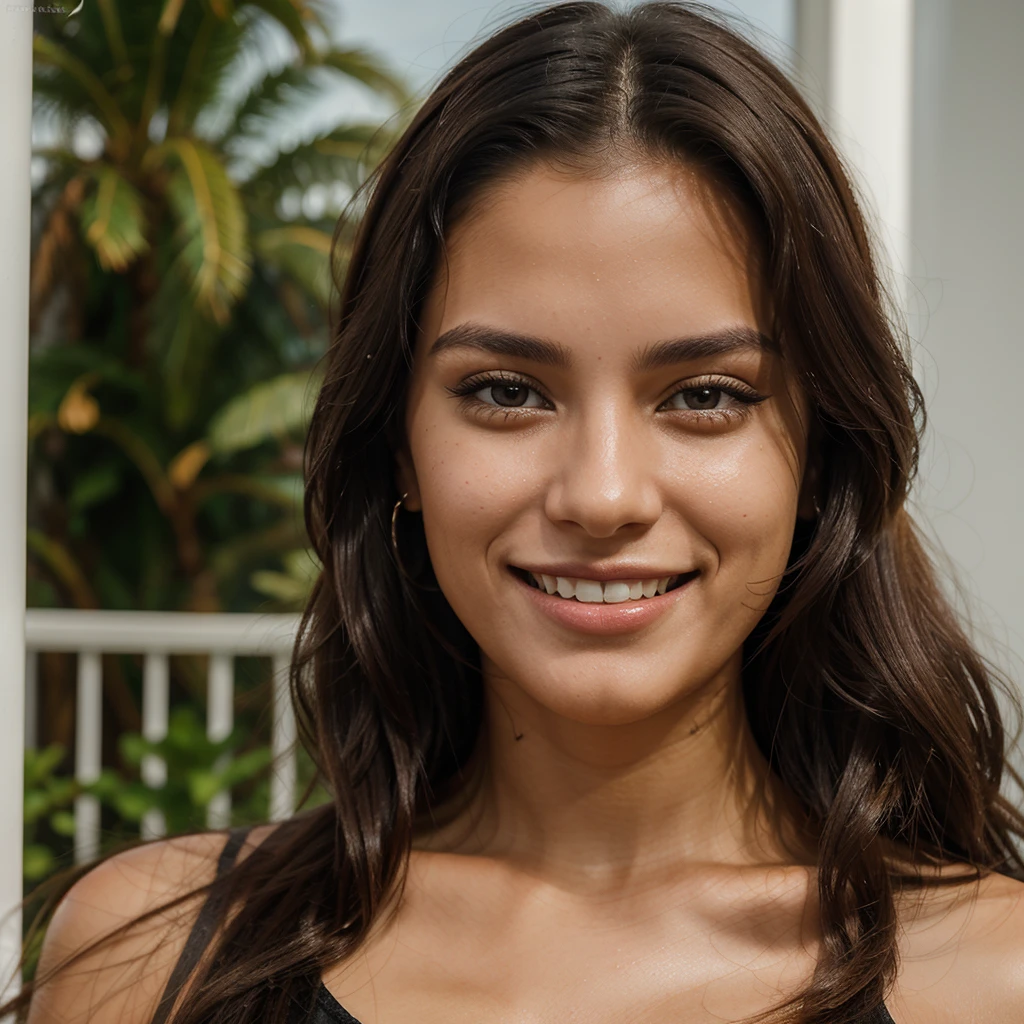 Create a realistic image of a beautiful 22-year-old Colombian woman. She is of average height, around 1.60 meters tall, around 50kg. She has a warm, inviting smile and expressive eyes. Her long, dark hair cascades down her shoulders. Face detail, close up.