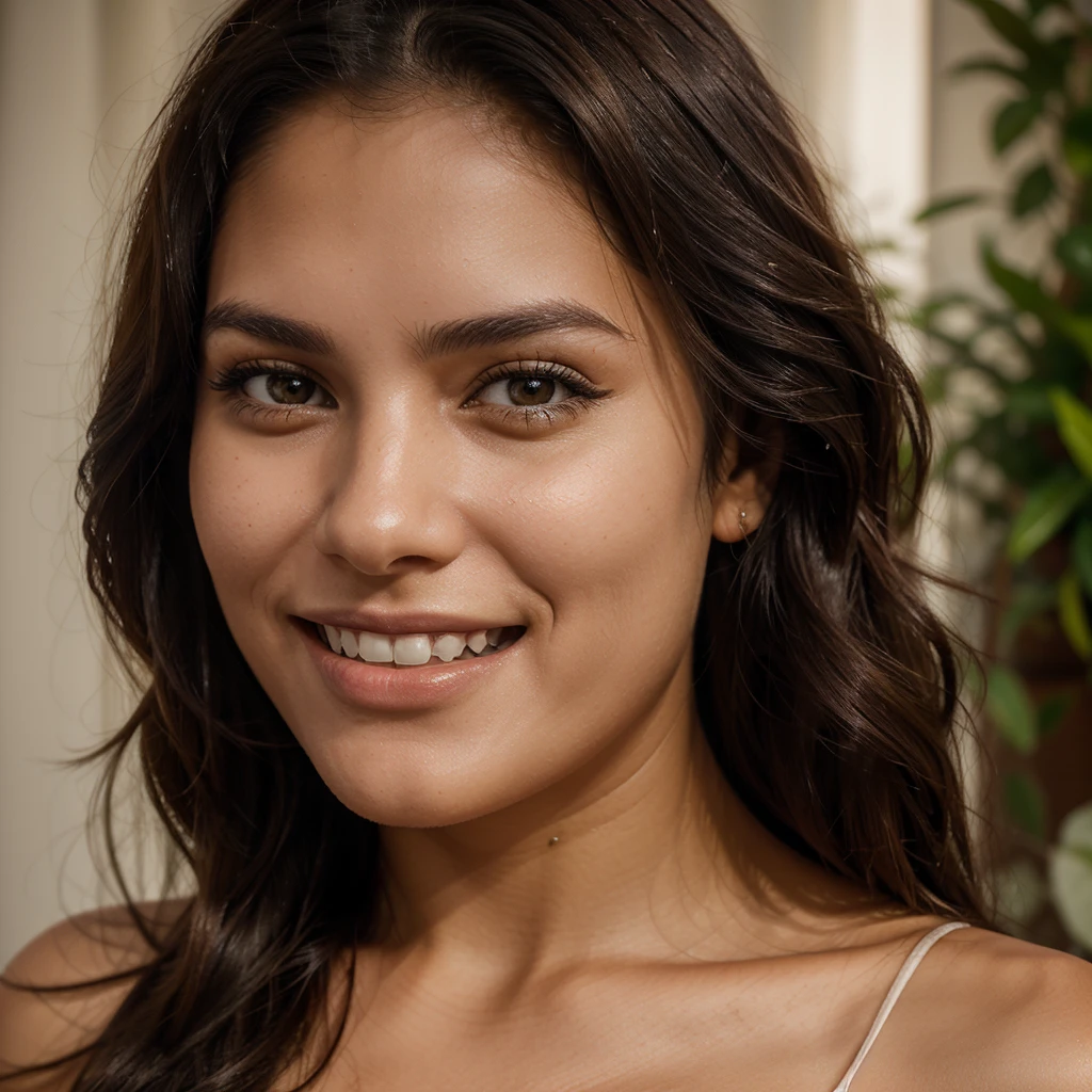 Create a realistic image of a beautiful 22-year-old Colombian woman. She is of average height, around 1.60 meters tall, around 50kg. She has a warm, inviting smile and expressive eyes. Her long, dark hair cascades down her shoulders. Face detail, close up.