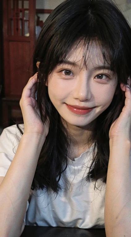 The face is a Chinese girl,Not wearing glasses,Smile
