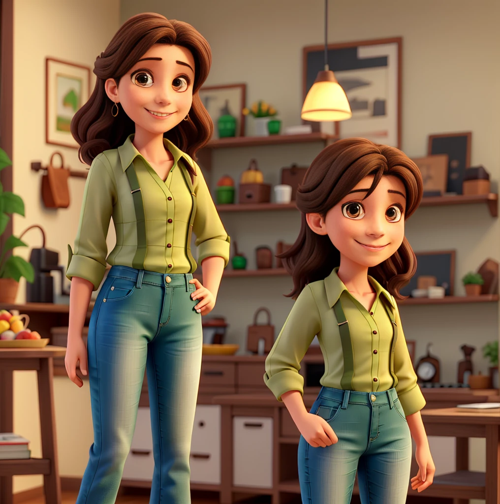 woman smiling standing, approximately 35 years old, fair skin, shoulder-length dark brown hair, brown eyes, wearing a green blouse and jeans, presenting a product