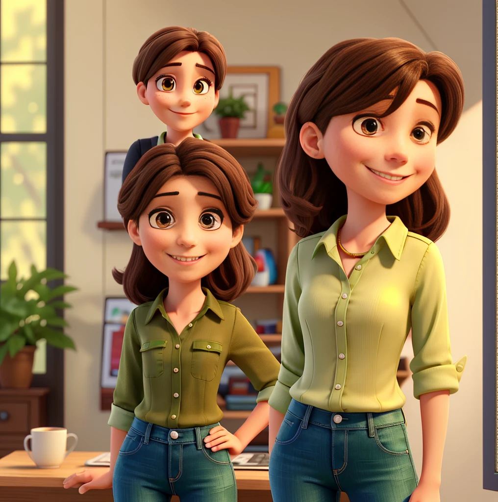 woman smiling standing, approximately 35 years old, fair skin, shoulder-length dark brown hair, brown eyes, wearing a green blouse and jeans, presenting a product