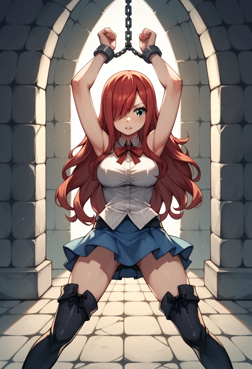 score_9, score_8_up, score_7_up, score_6_up, score_5_up, score_4_up, source_anime, 1woman, fairy tail, long hair, red hair, brown eyes, neck ribbon, bare shoulders, white shirt,black thigh boots , sleeveless, center frills, blue skirt, hair over one eye, w-w-chain, shackles, spread arms, dungeon, best quality, best res, 4K UHD,